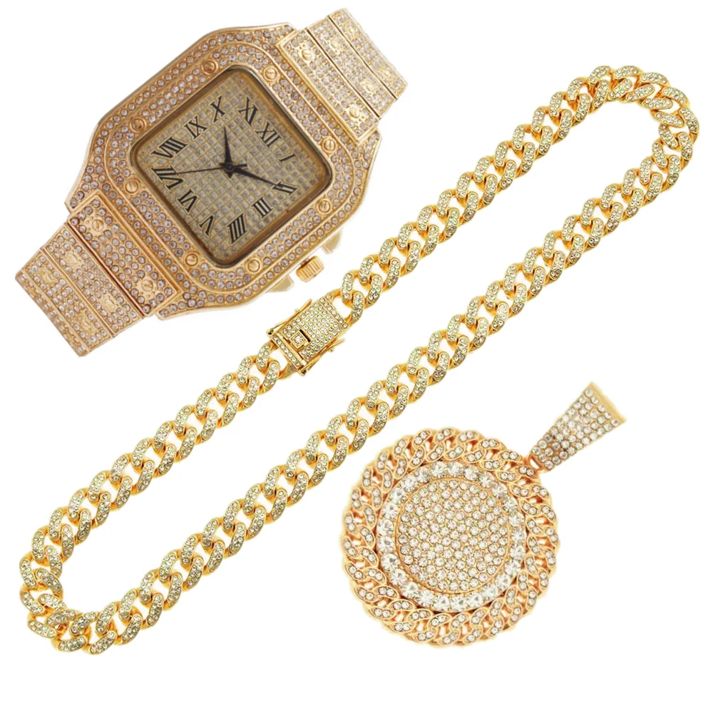 Luxury Watch Miami - 2pcs Jam Tangan Iced Out Kalung